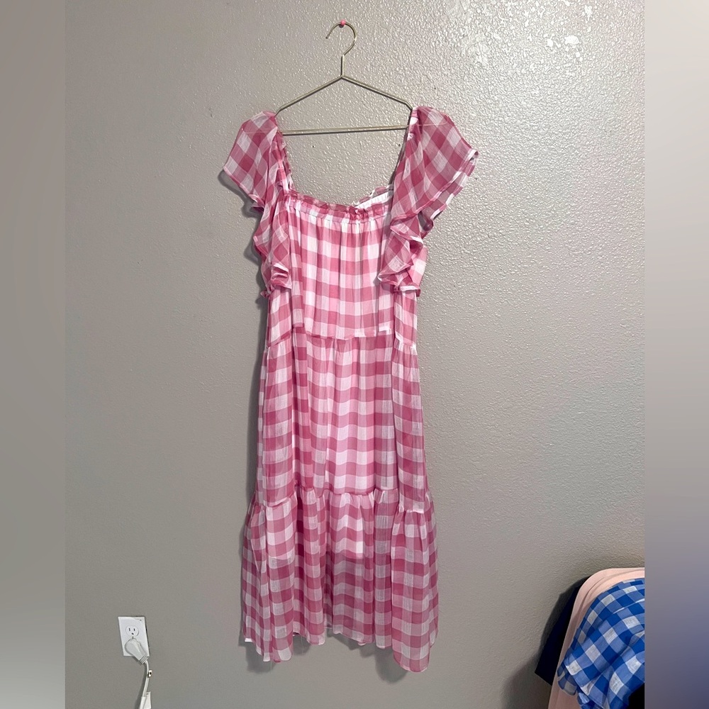 The impeccable, pig, pink and white gingham midi dress size large